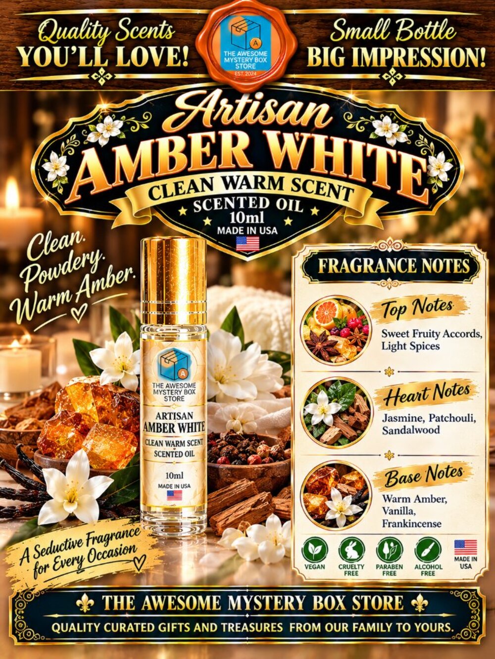 Artisan Amber White Clean Warm Scented Oil 10ml Glass Roll-On | Made in USA